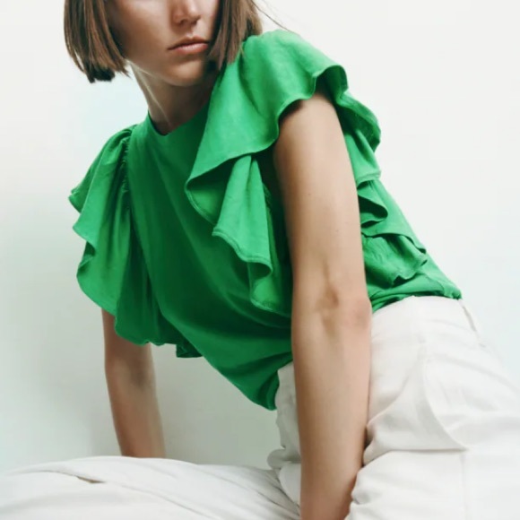Zara Tops Zara Join Life Emerald Green Ruffle Sleeve Top Poshmark
